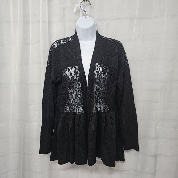 Black Lace Knit Cardigan Twee Coquette Whimsigoth Ribbed Sheer Y2K L - Picture 12 of 12